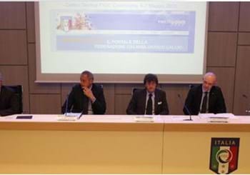 Collina, Nicchi e Braschi con Abete a Coverciano al seminario Figc-Ussi